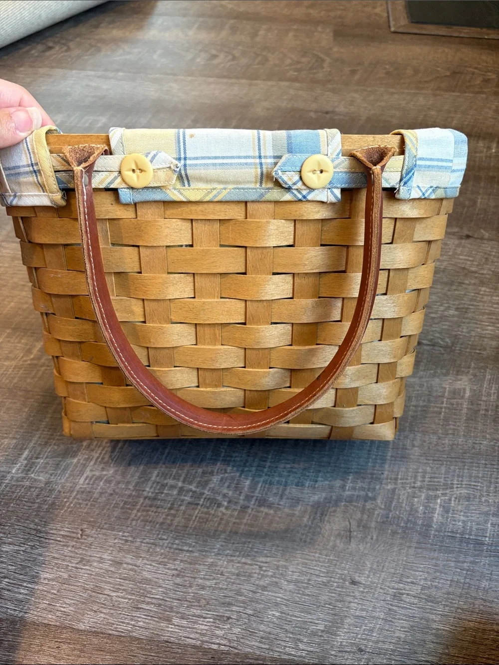 Longaberger Boardwalk Basket Leather Handles Plaid Liner
